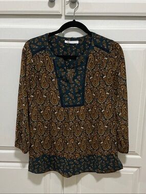 DR2 Dark Teal and Brown Paisley Peasant Blouse